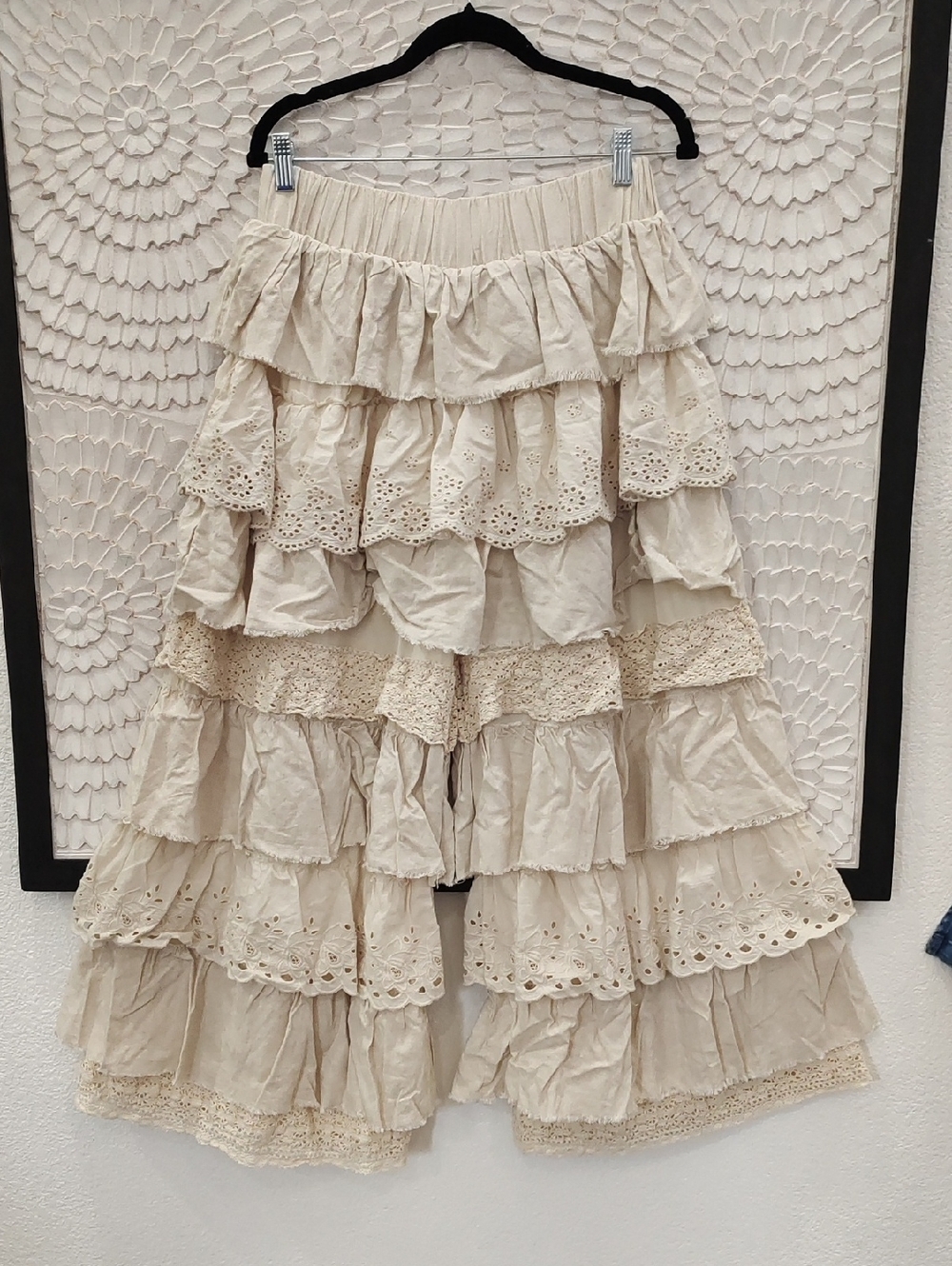 Boho Tiered Ruffle Eyelet Crochet Pants in Beige - Picture 2 of 8